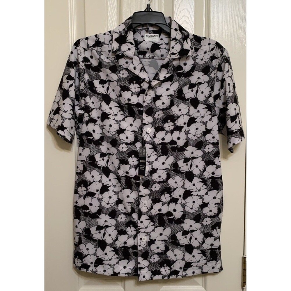 Murano Swim Shirt Mens Size Small Black White Floral Button Front NWT